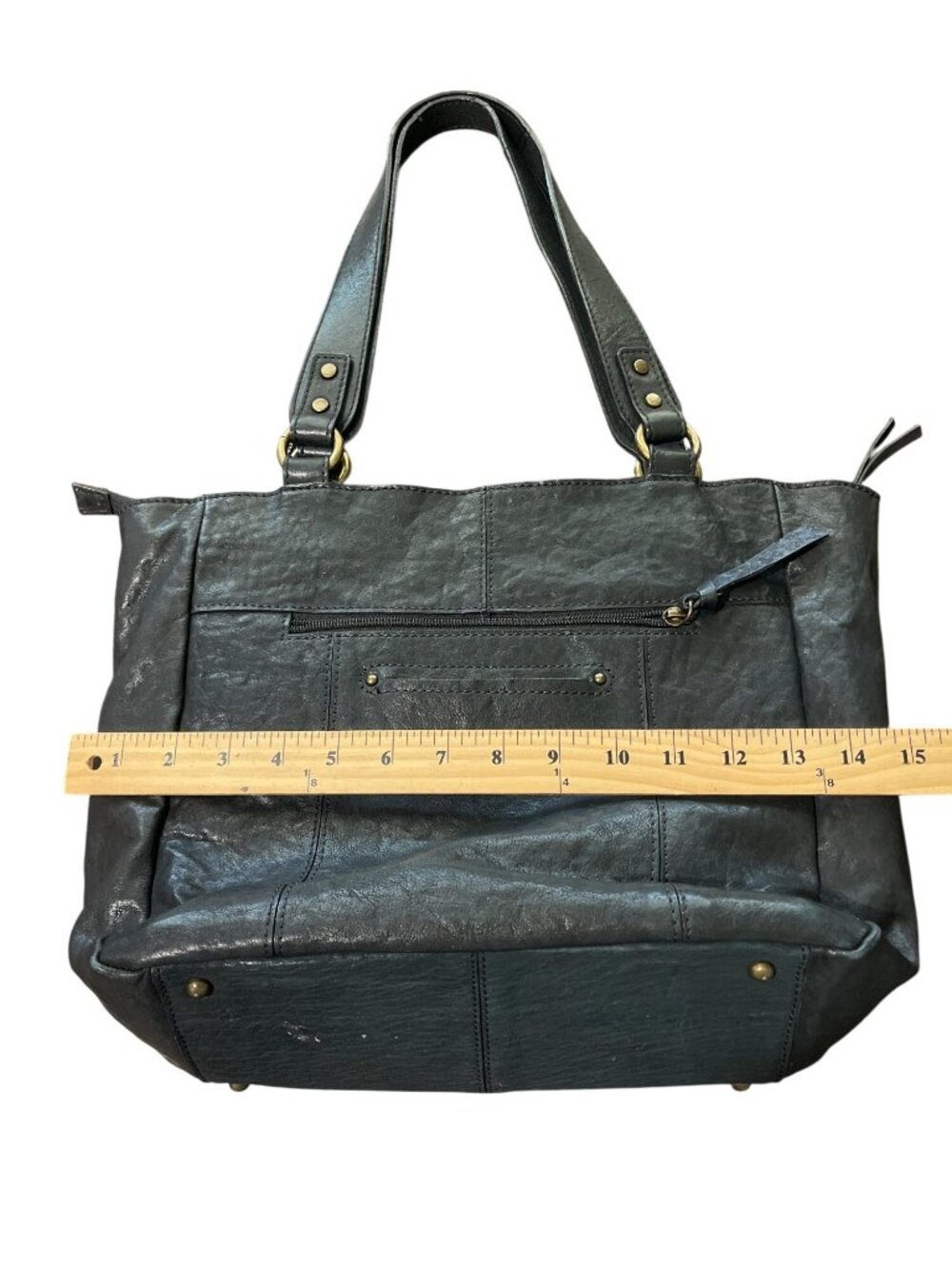 Nino Bossi Black Leather Tote Bag With Woven Front Pocket & Brass Accents - Picture 8 of 8